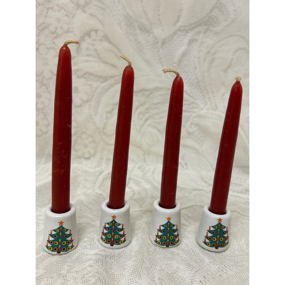 Vintage Christmas Candle Holders Ceramic Tree Decor Set of 4 w‎ Candle
